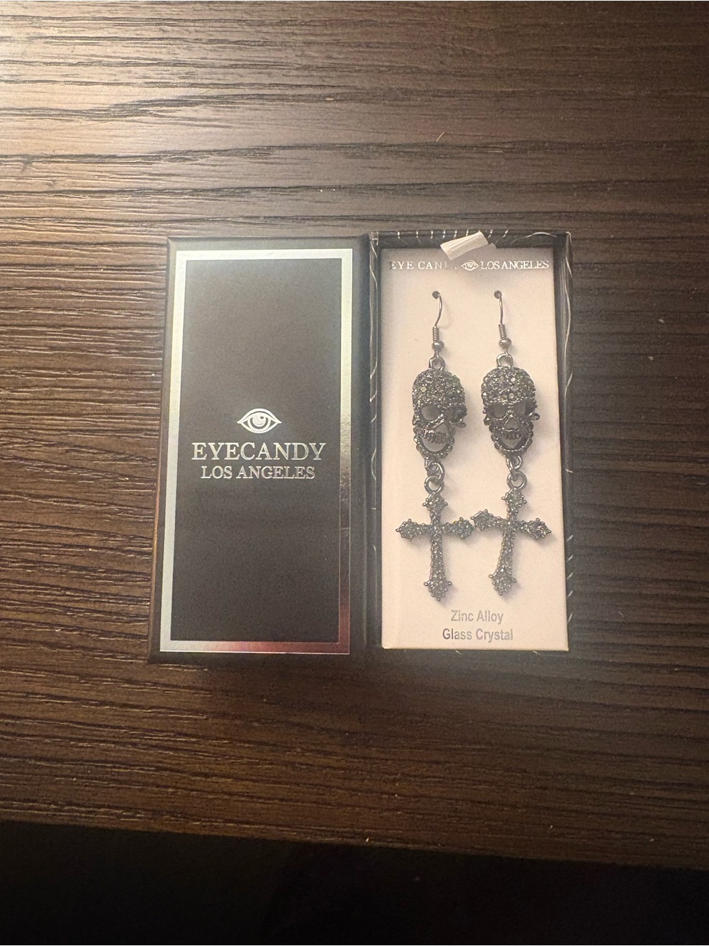 NEW Eye Candy Black Crystal Skull and Cross Dangle Earrings